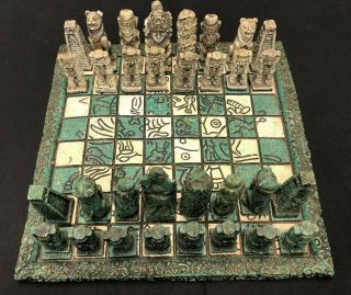 Vintage Mexican Chess Set,  Mexico Mayan Aztec Stone Composite 11 " Ancient Ruins