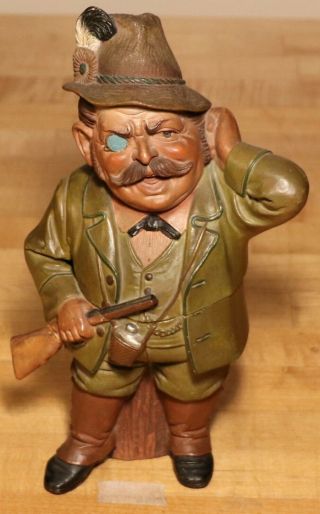 Antique Hunter Figural Tobacco Humidor Jar - Woodsman - Terra Cotta Hand Painted