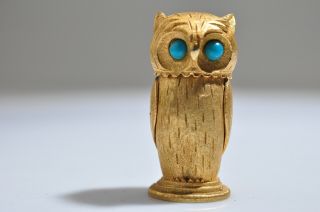 Vintage Signed Florenza Brass Mini Figural Owl Cigarette Lighter Turquoise Eyes