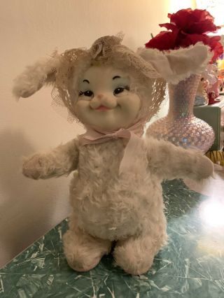 Vintage Rubber Face Stuffed Plush Rushton Bunny Rabbit Lace Bonnet