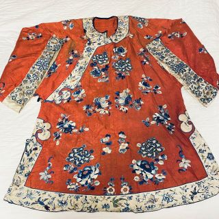 Antique Embroidered Red Silk Chinese Robe Birds Flowers