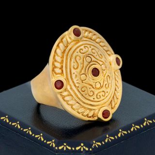 Antique Vintage Deco Style 14k Gold Italian Milor Etruscan Garnet Ring Sz 10.  25