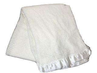 Vintage Knit Waffle Satin Trim Acrylic Blanket Ivory Made Usa Twin Throw Soft