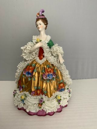 Antique German Porcelain Lace Figurine Of Lady With Flower Rudolstadt Volkstedt