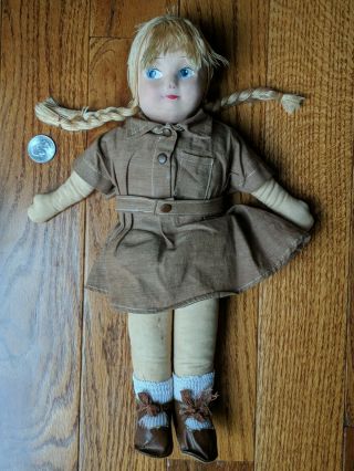 Vintage 13 " Stuffed Cloth Doll W/mask Face,  Braided Hair Brownie Girl Scout