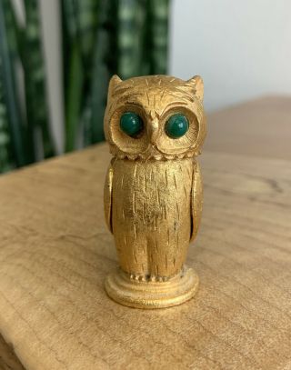Vintage Florenza Brass Mini Figural Owl Cigarette Lighter Jade Green Eyes