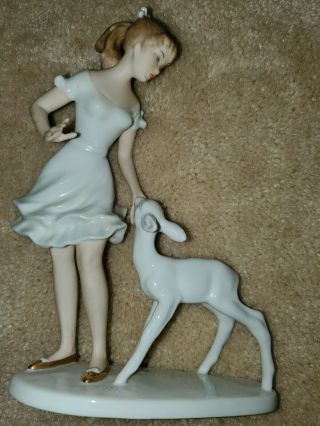 Vintage Schaubach Kunst German Porcelain Figurine Girl With Fawn