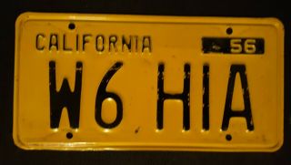 1956 California Ham Radio License Plate W6 Hia