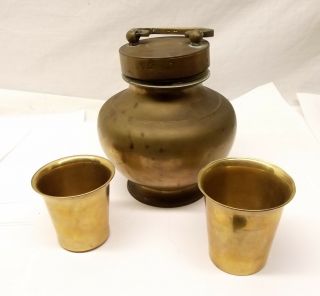 Antique Brass Milk Jug Container Pot India Nesting Cup Lid Holy Water Vessel Vtg