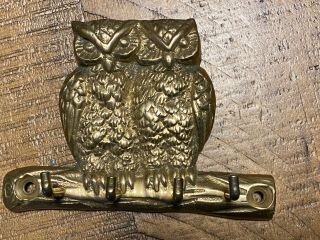 Vintage Cast Brass Owl Keyholder W/4 Hooks