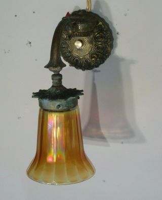 Antique Vintage Art Deco Bronze Sconce Carnival Glass Shade Rewired