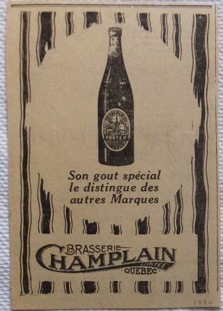 Vtg Ad 1924 Beer Champlain Porter Quebec