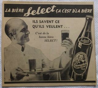 Vtg French Ad Beer Select Champlain Ale 1942 7 In.  X 8 In.