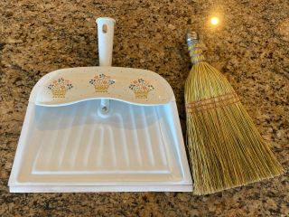 Vintage Mid Century Metal Dust Pan White With Floral Baskets & Straw Hand Broom