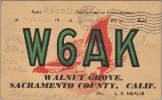 Vintage Qsl Ham Radio Card W6ak Posted 1938 Walnut Grove California