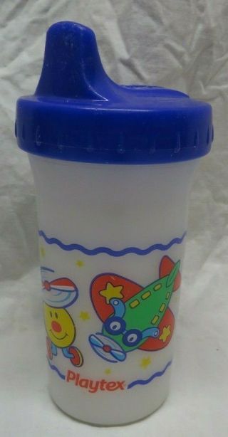 Vintage 1997 Playtex Plastic Sippy Cup Airplane Blimp Hot Air Balloon Birds Blue