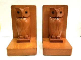 Hand Carved Wood Owl Bookends Vintage Adorable 7 "