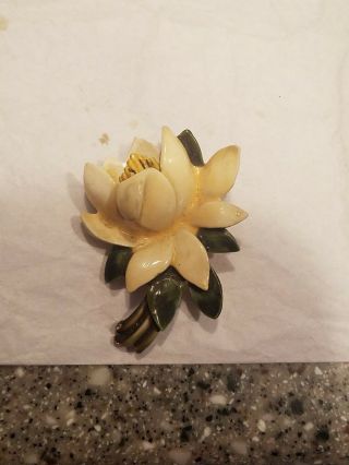 Vintage Enamaled Brooch Har Signed Yellow Flower Magnolia