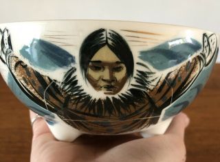 Vtg Sascha Brastoff,  Alaska Series Ceramic Inuit Trinket Dish Footed Bowl Mcm