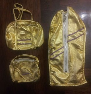 Vintage Barbie Garment Bag And 2 Duffle Bags.  Gold With Purple Stripe.  Rare.