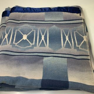 Vintage Thermal Blanket Blue Aztec Design Full Queen Satin Trim 70x75