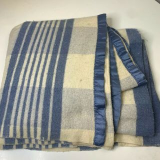 Vintage Wool Thermal Blue Cream Striped Satin Trim Twin 60x70